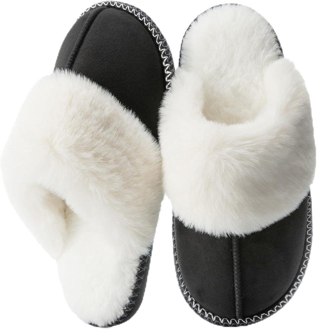 Women's Fluffy Faux Fur Slippers - Memory Foam Footbed and Anti Skid Sole for Indoor and Outdoor Wear - 8