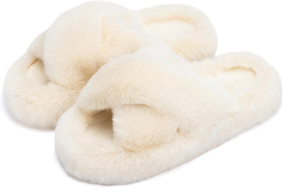 Women's Faux Fur Lined Open Toe Slippers in Beige Cross