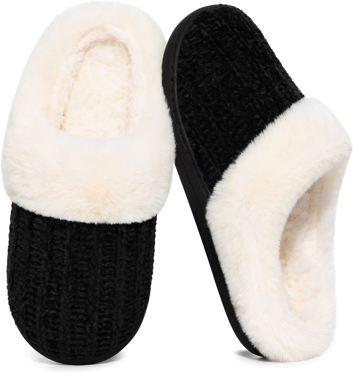 Women's Chenille Knit Slippers - Fleece and Faux Fur Lining, Memory Foam and Anti Slip Indoor Outdoor Sole - 9.5