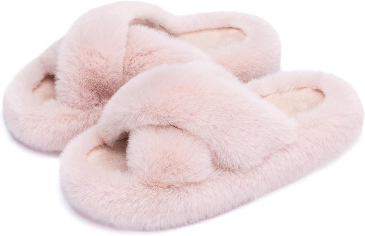 Women's Faux Fur Lined Open Toe Slippers in Pink Cross