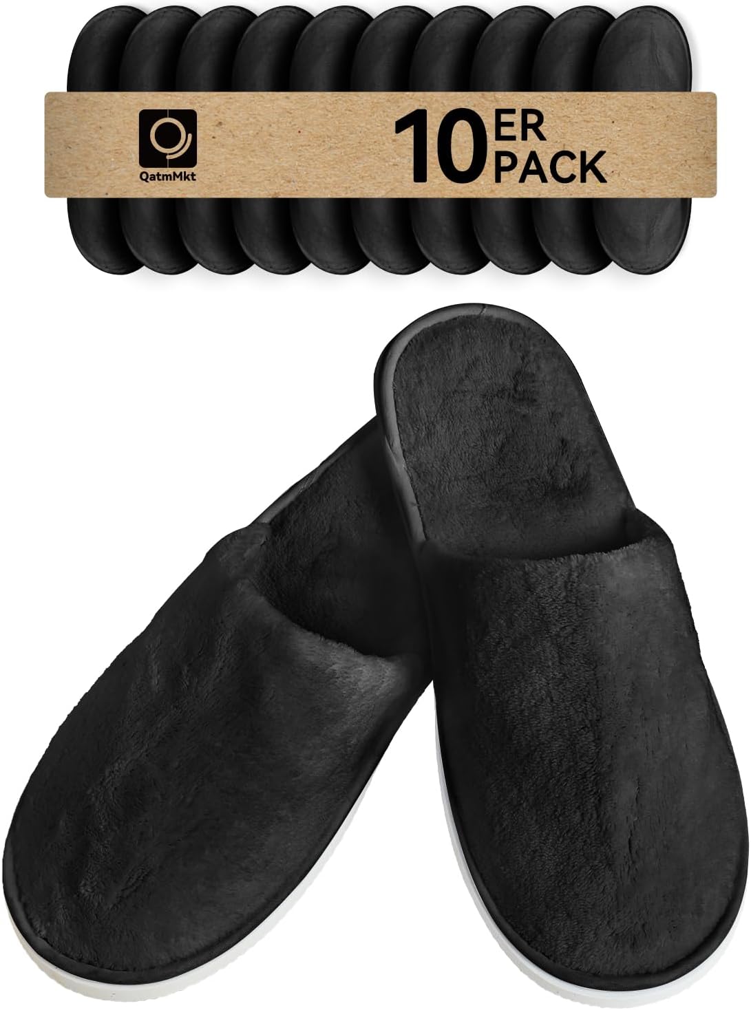 Unisex Guest Slippers 10 Pair Pack - One Size, Individually Wrapped and Washable for Home, Hotel and Spa - Black (3)