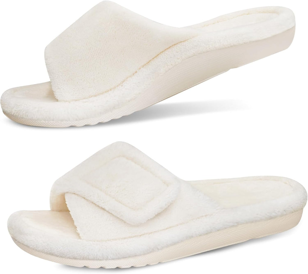 Women's Fuzzy Adjustable Slides - Contoured Arch Support Footbed and Faux Fur Upper for Home Wear - 7