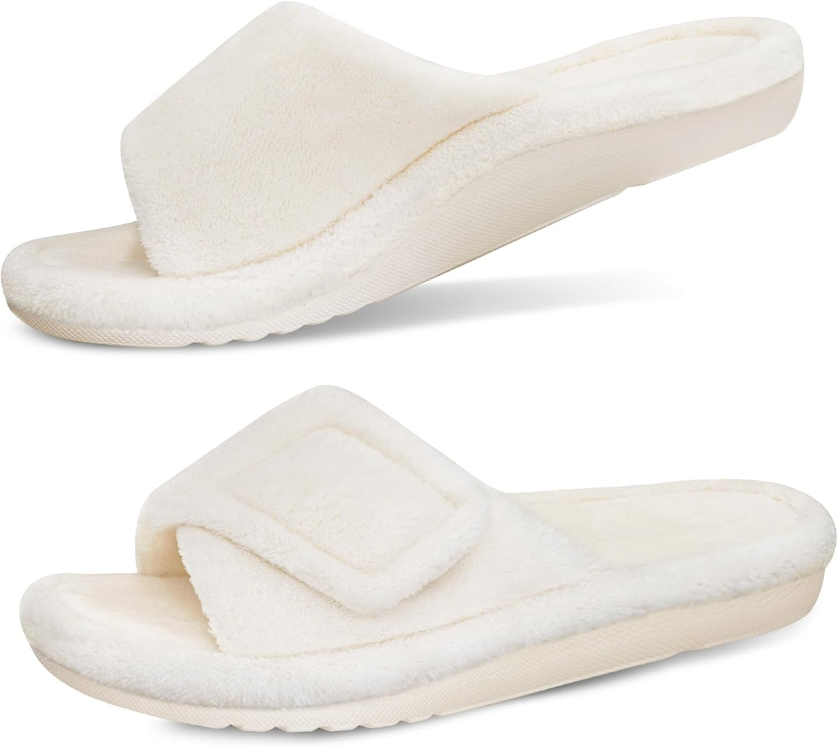 Women's Fuzzy Adjustable Slides - Contoured Arch Support Footbed and Faux Fur Upper for Home Wear - 7