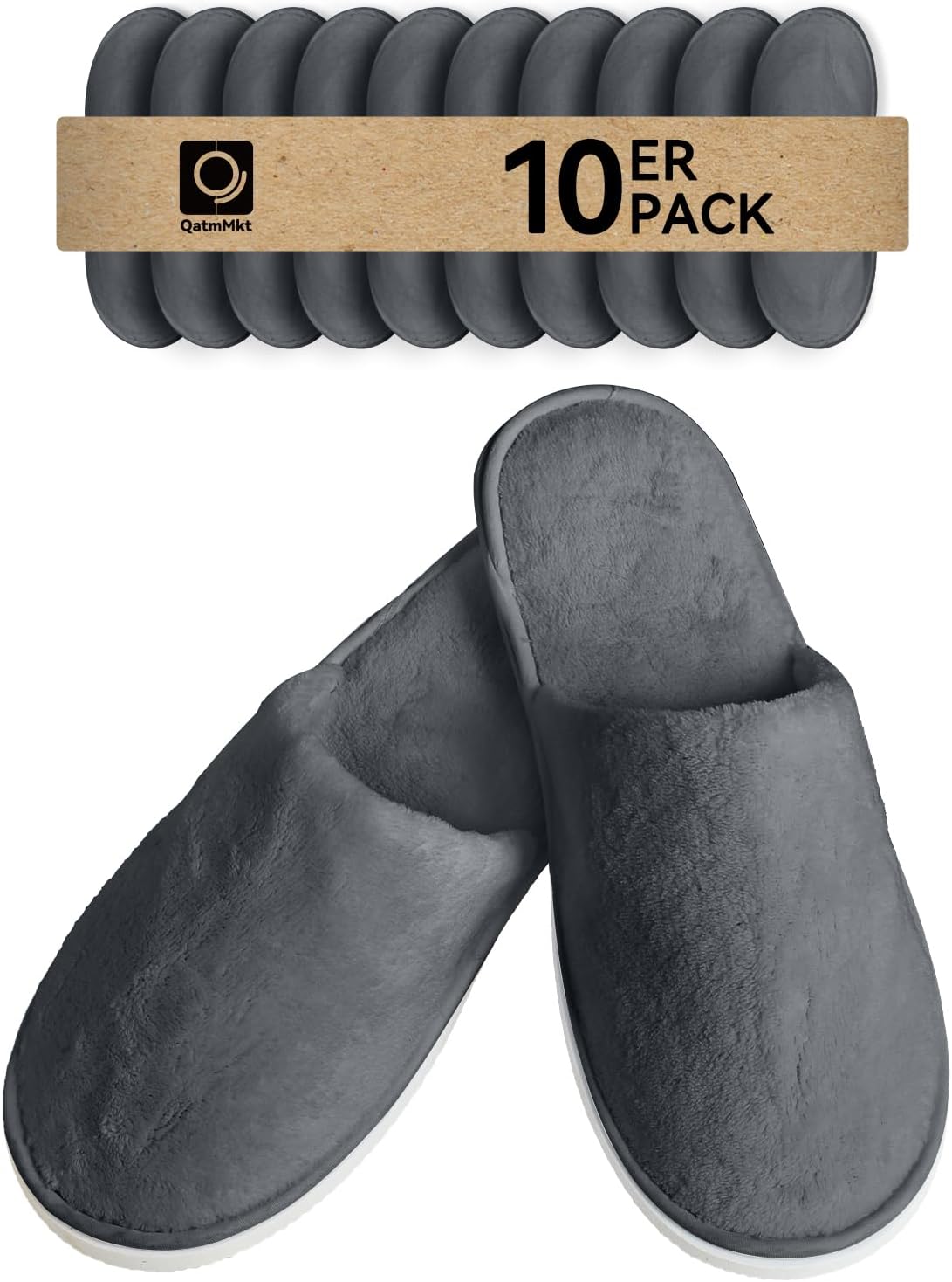 Unisex Guest Slippers 10 Pair Pack - One Size, Individually Wrapped and Washable for Home, Hotel and Spa - Smoky Grey