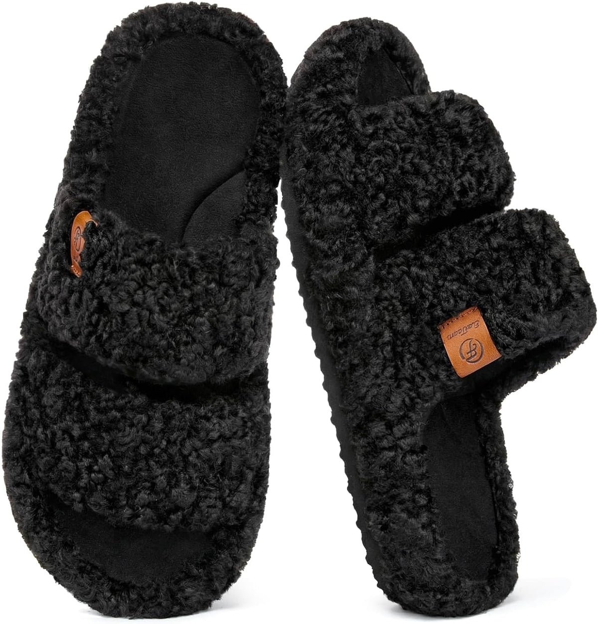 Women's Fuzzy Open Toe Slippers in Matt Black
