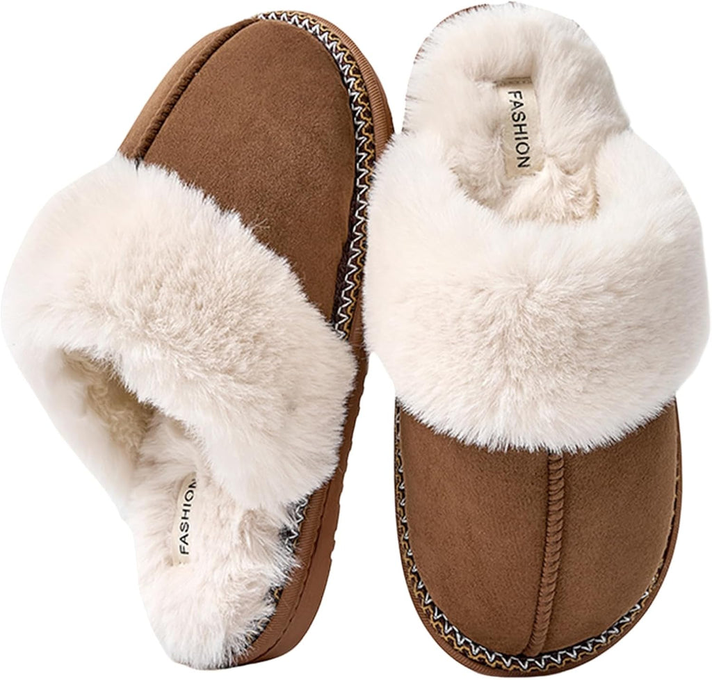 Women's Fluffy Faux Fur Slippers - Memory Foam Footbed and Anti Skid Sole for Indoor and Outdoor Wear - 8