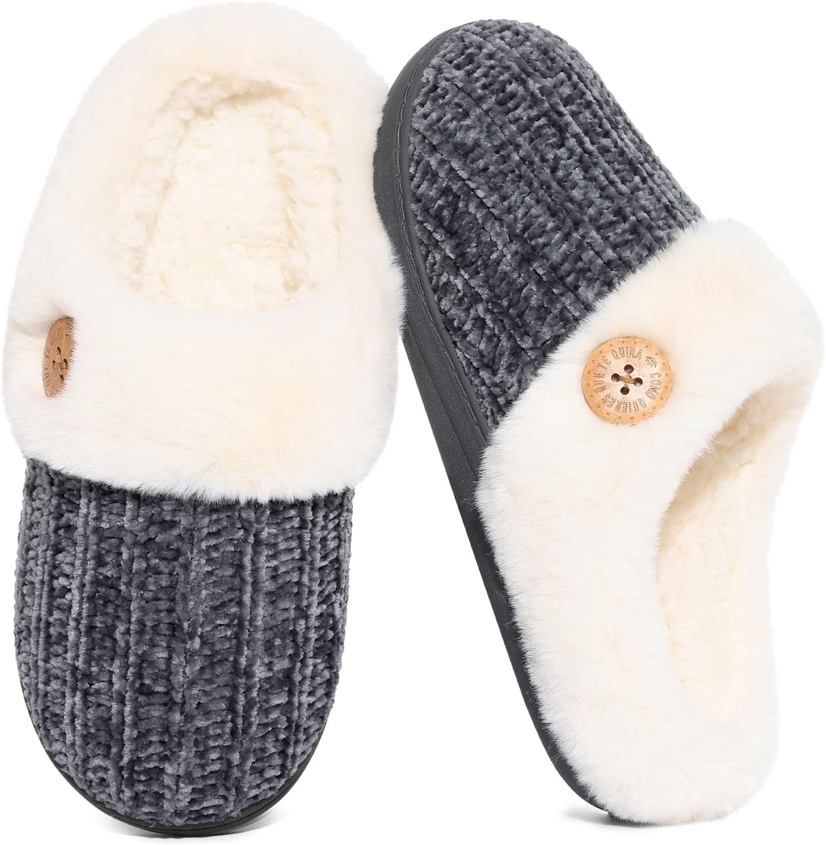 Women's Chenille Knit Slippers - Fleece and Faux Fur Lining, Memory Foam and Anti Slip Indoor Outdoor Sole - 9.5