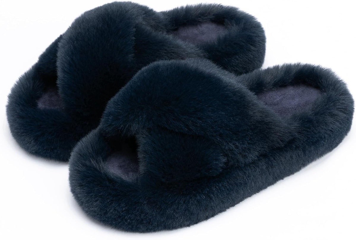 Women's Faux Fur Lined Open Toe Slippers in Navy Cross