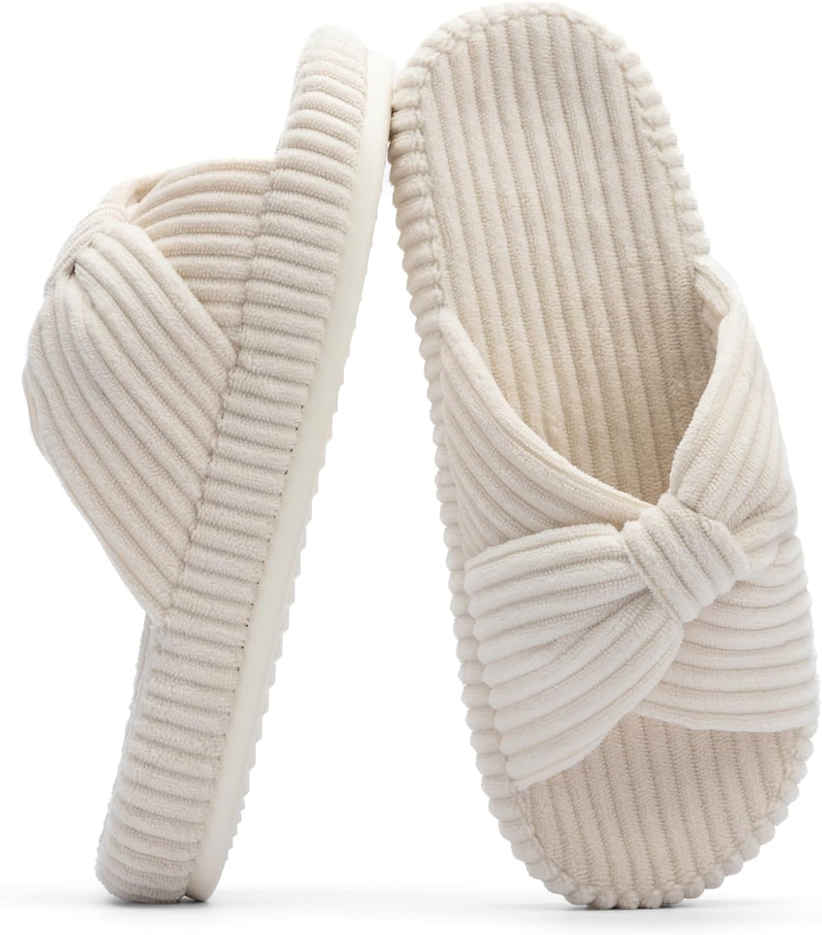 Women's Corduroy Bow Crossband Slippers - Memory Foam Insole, Soft House Shoes for Bedroom and Lounging - 8