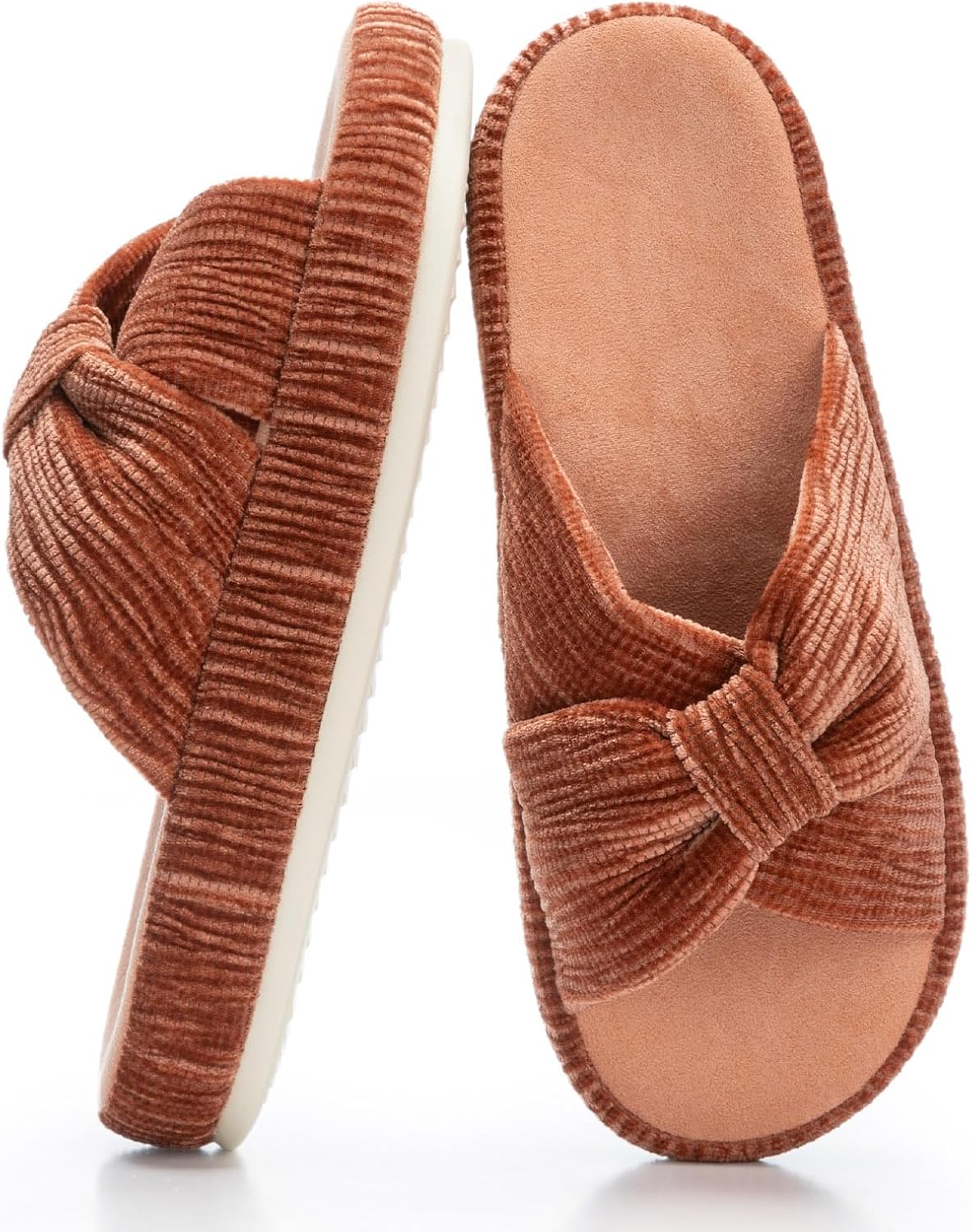 Women's Corduroy Bow Crossband Slippers - Memory Foam Insole, Soft House Shoes for Bedroom and Lounging - 8