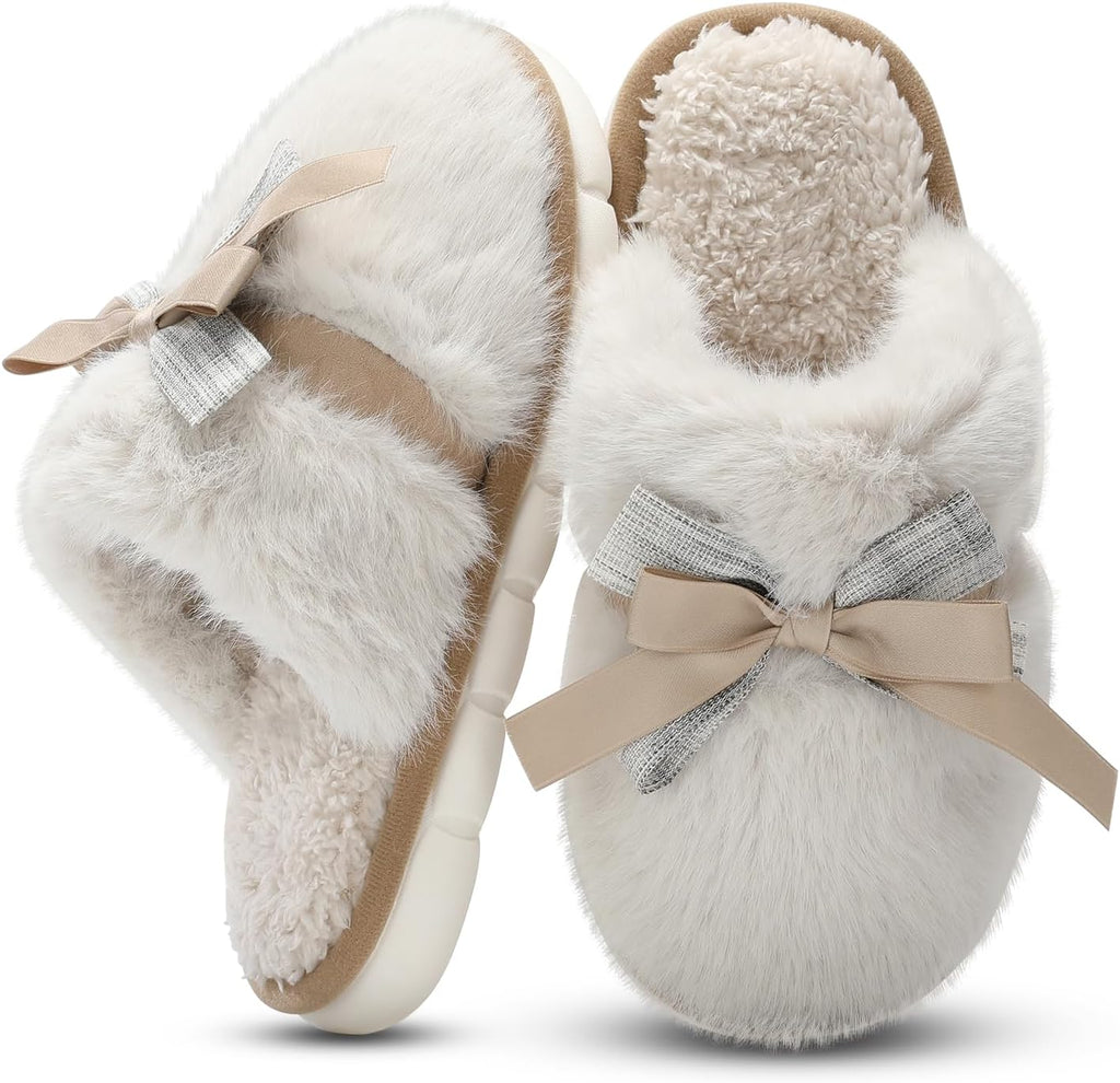 Women's Plush Bow Slippers - Fluffy Faux Fur Lining, Memory Foam and Anti Skid Sole for Indoor Outdoor Wear - 8