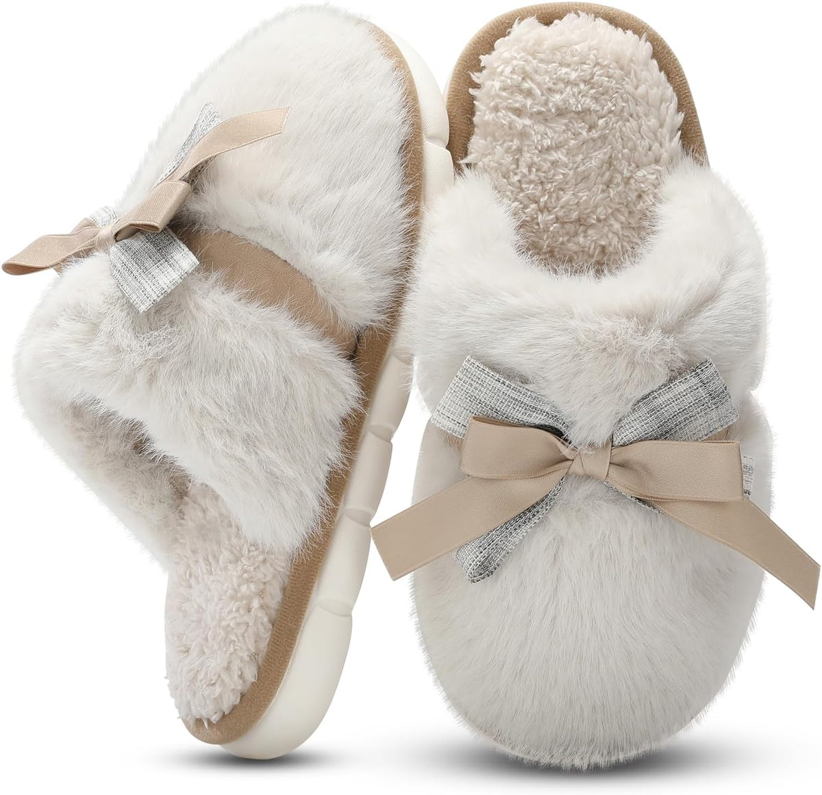 Women's Plush Bow Slippers - Fluffy Faux Fur Lining, Memory Foam and Anti Skid Sole for Indoor Outdoor Wear - 8