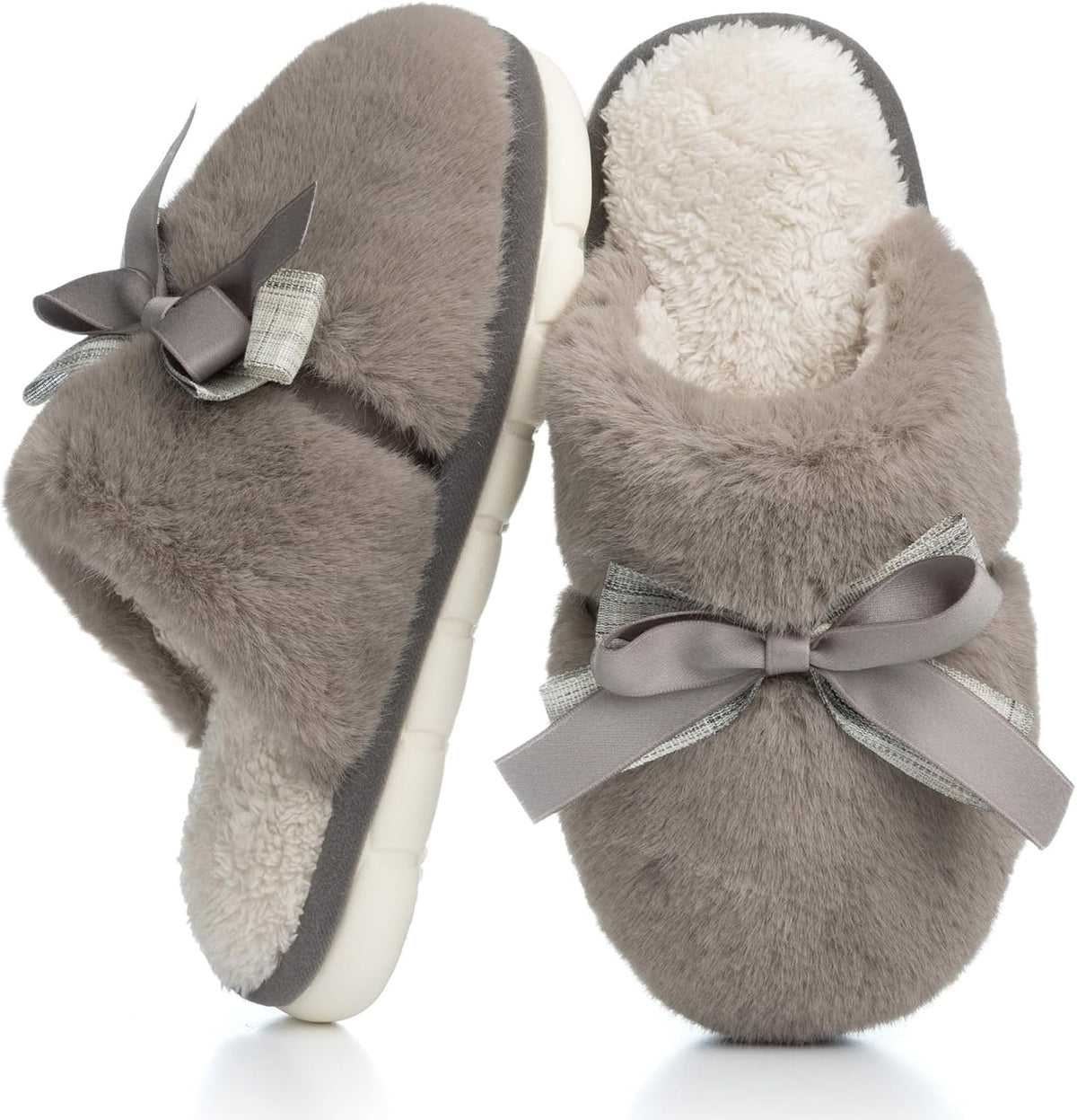Women's Plush Bow Slippers in Dark Grey