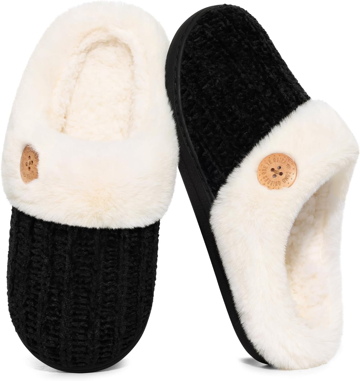 Women's Chenille Knit Slippers - Fleece and Faux Fur Lining, Memory Foam and Anti Slip Indoor Outdoor Sole - 9.5