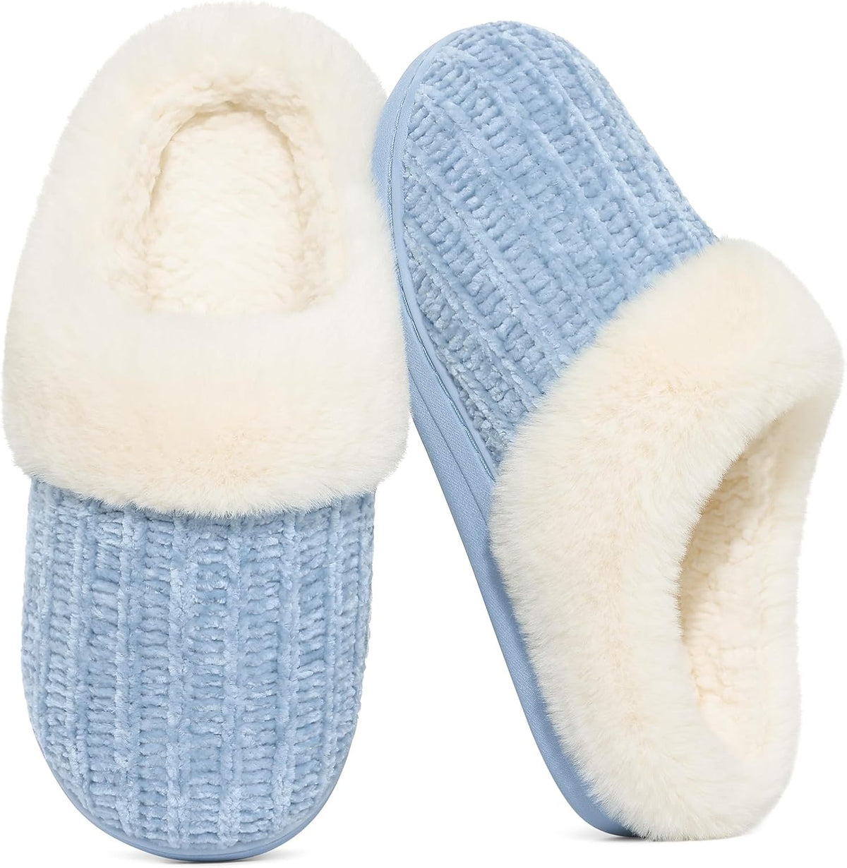 Women's Chenille Knit Slippers - Fleece and Faux Fur Lining, Memory Foam and Anti Slip Indoor Outdoor Sole - 8