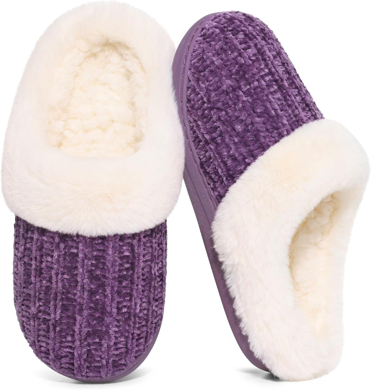 Women's Chenille Knit Slippers - Fleece and Faux Fur Lining, Memory Foam and Anti Slip Indoor Outdoor Sole - 7.5