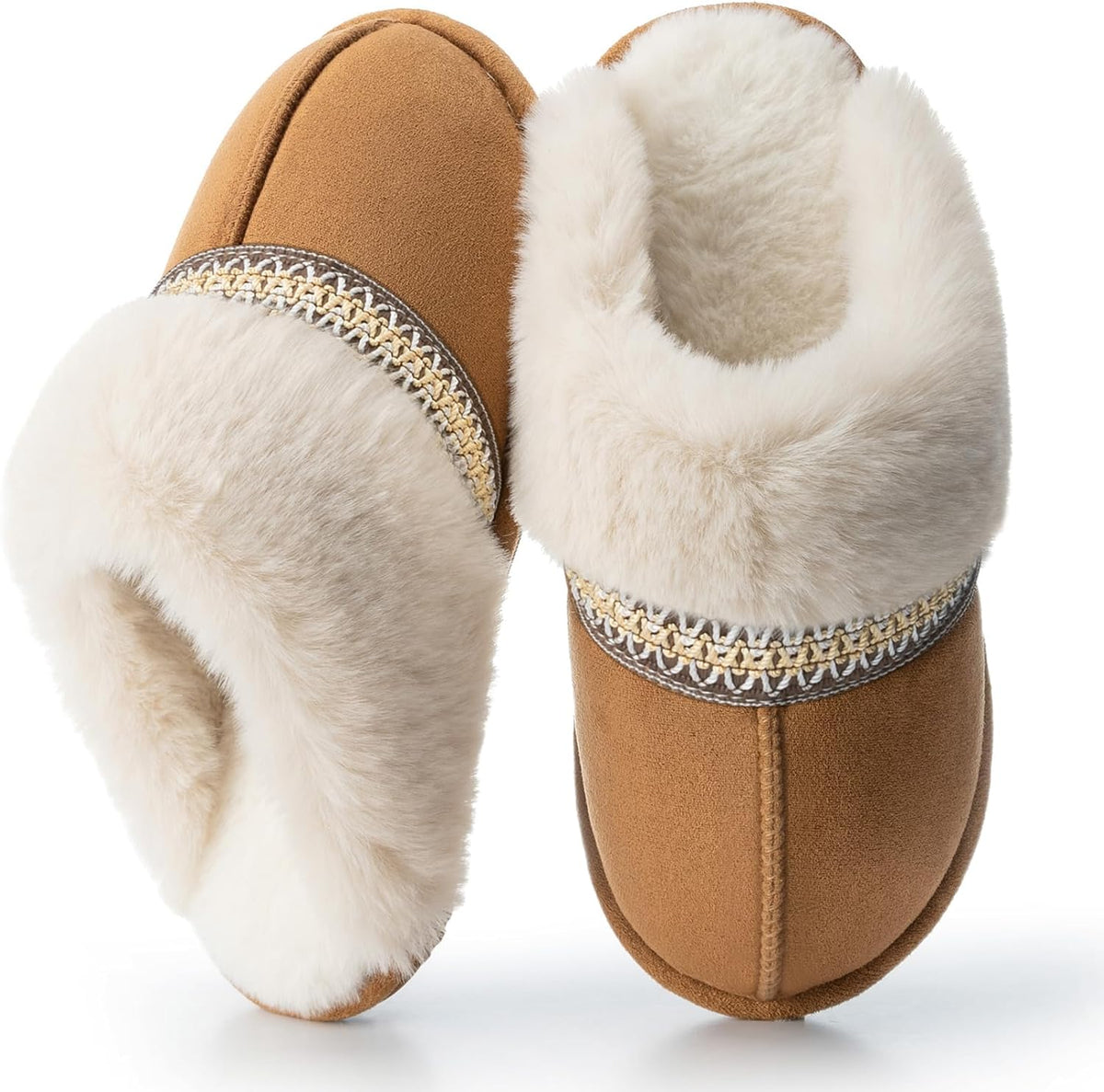 Women's Fluffy Faux Fur Slippers - Memory Foam Footbed and Anti Skid Sole for Indoor and Outdoor Wear - 10