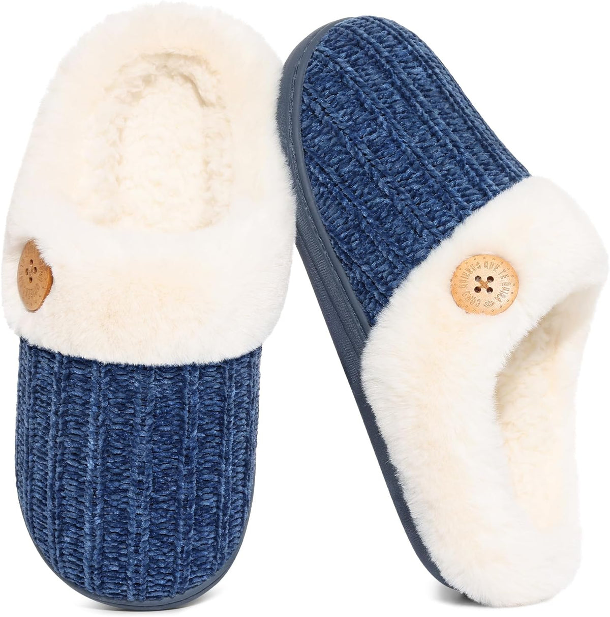 Women's Chenille Knit Slippers - Fleece and Faux Fur Lining, Memory Foam and Anti Slip Indoor Outdoor Sole - 8