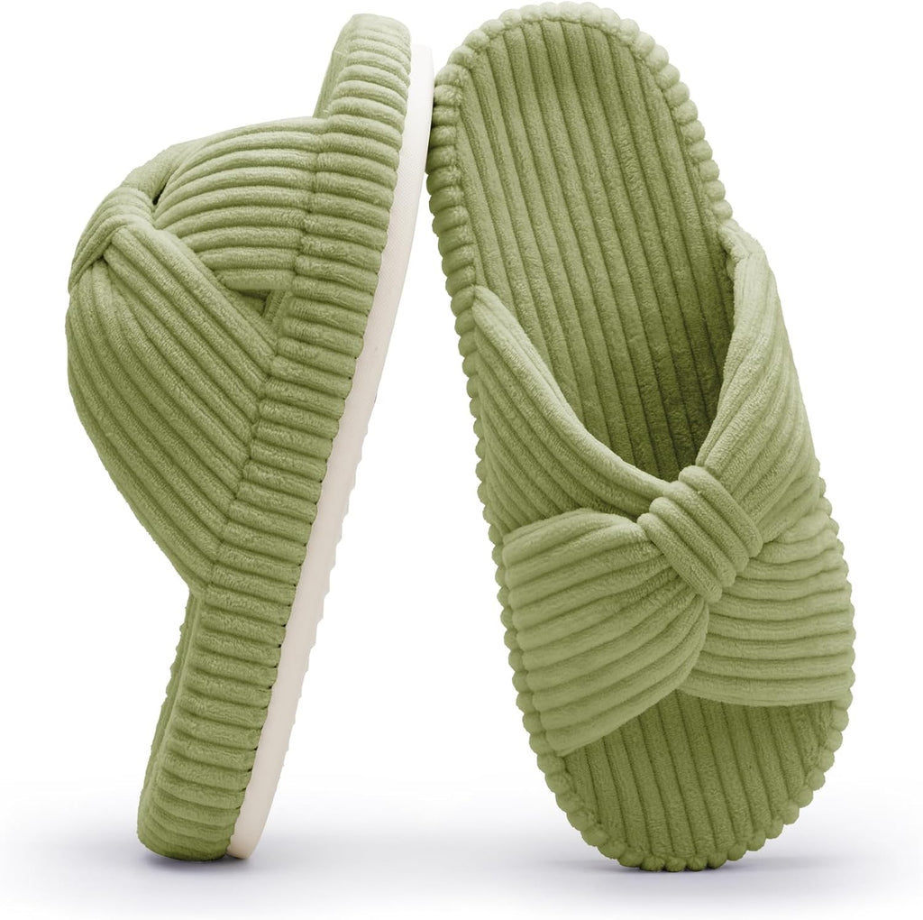 Women's Corduroy Bow Crossband Slippers - Memory Foam Insole, Soft House Shoes for Bedroom and Lounging - 8