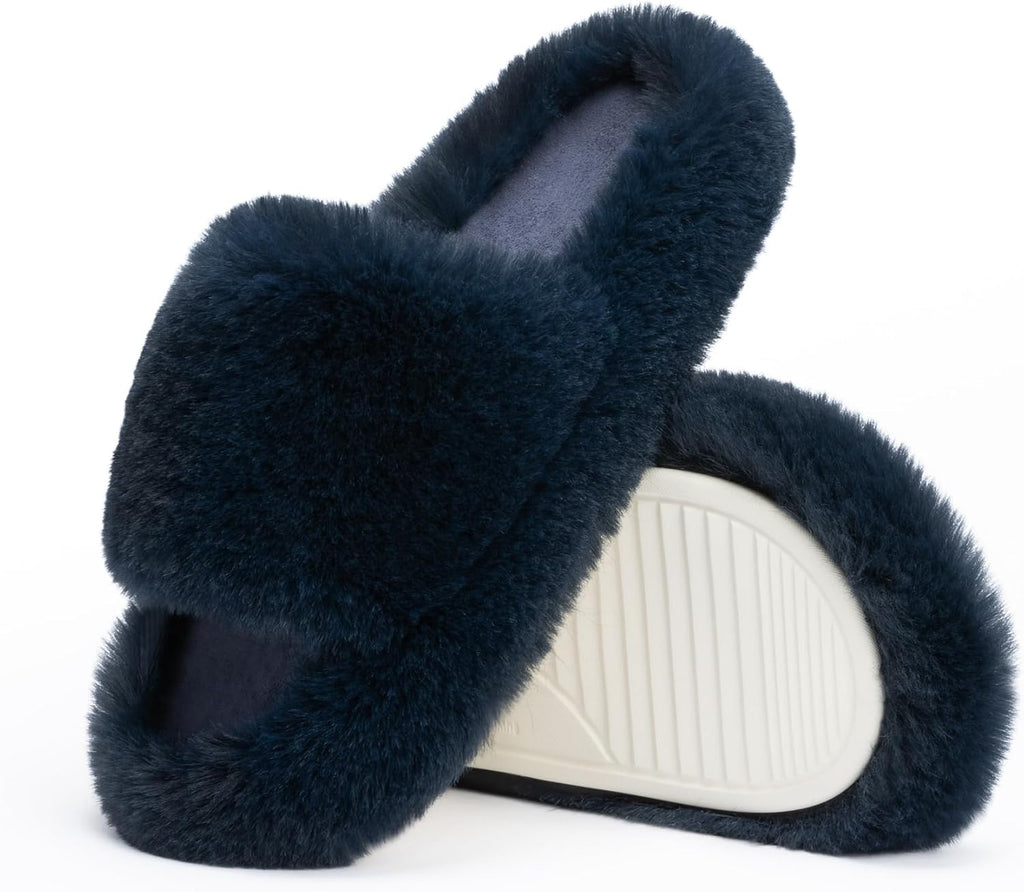 Women's Faux Fur Lined Open Toe Slippers - Memory Foam Footbed and Crossband Upper for Cold Mornings at Home - 8