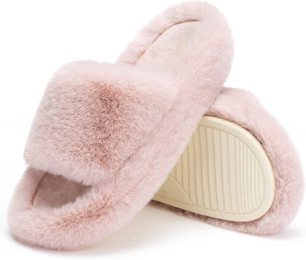 Women's Faux Fur Lined Open Toe Slippers in Pink