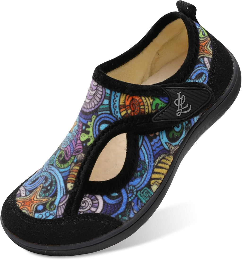 Women's Wide Adjustable House Shoes - Cotton Upper, Hook and Loop Closure and Plush Warm Lining - 7 Wide