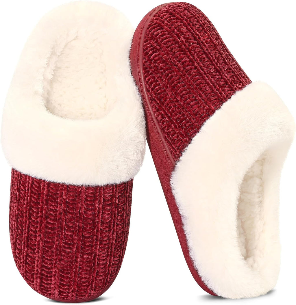 Women's Chenille Knit Slippers - Fleece and Faux Fur Lining, Memory Foam and Anti Slip Indoor Outdoor Sole - 7.5