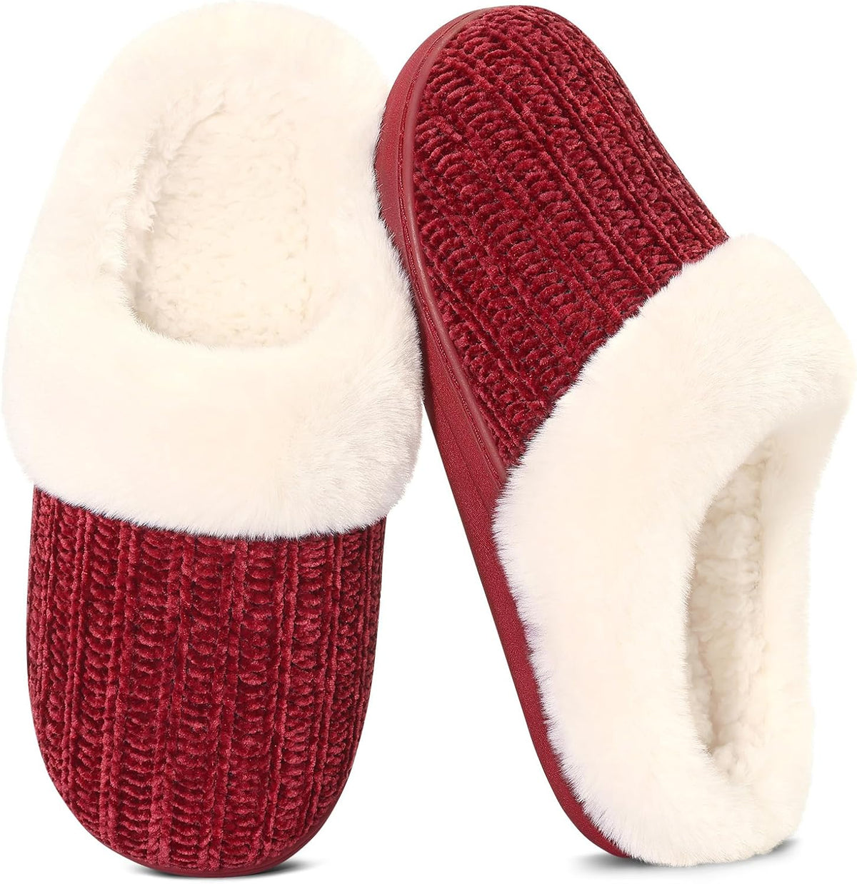 Women's Chenille Knit Slippers - Fleece and Faux Fur Lining, Memory Foam and Anti Slip Indoor Outdoor Sole - 7.5