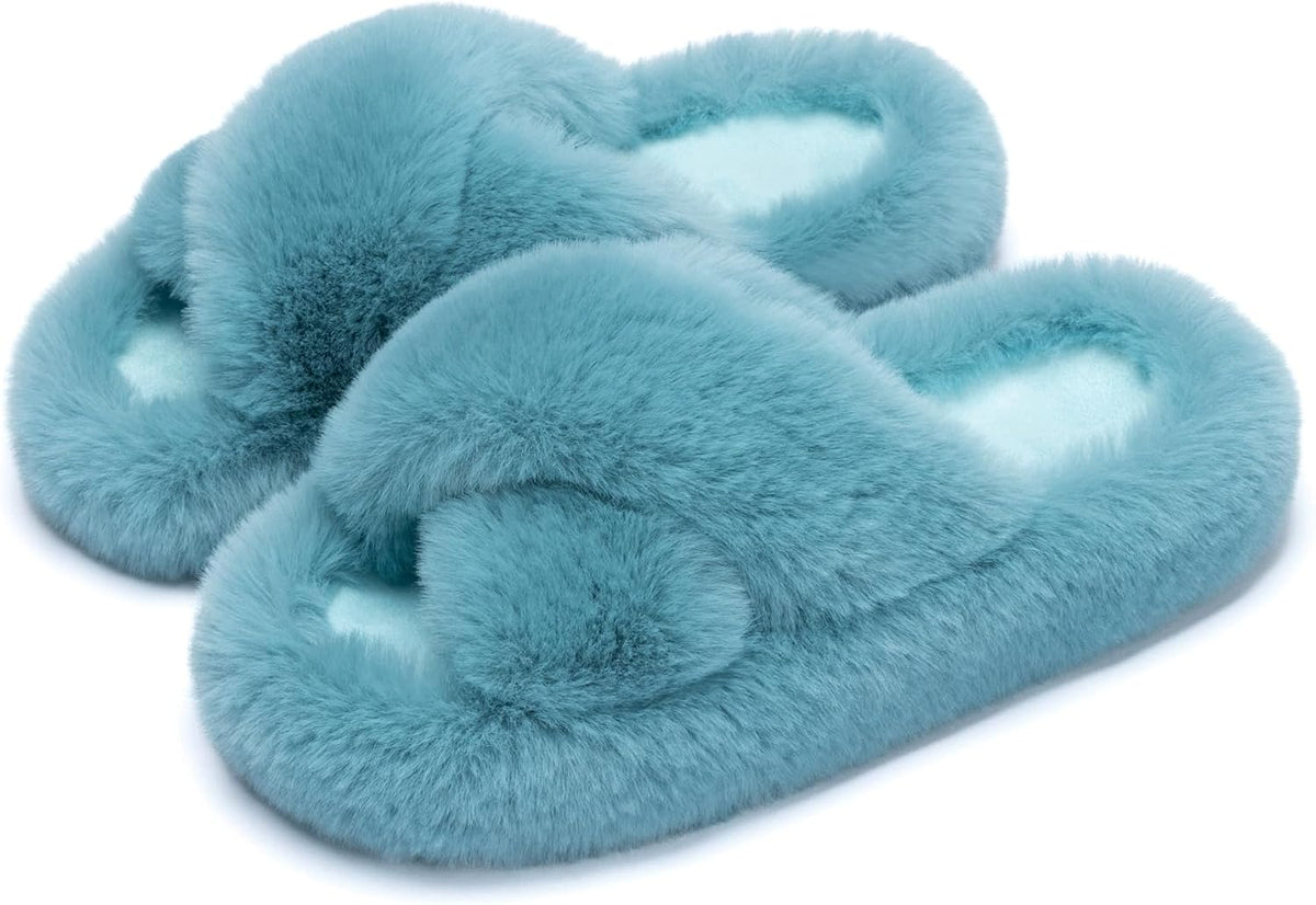 Women's Faux Fur Lined Open Toe Slippers in Turquoise Green Cross
