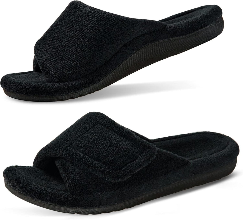 Women's Fuzzy Adjustable Slides - Contoured Arch Support Footbed and Faux Fur Upper for Home Wear - 6