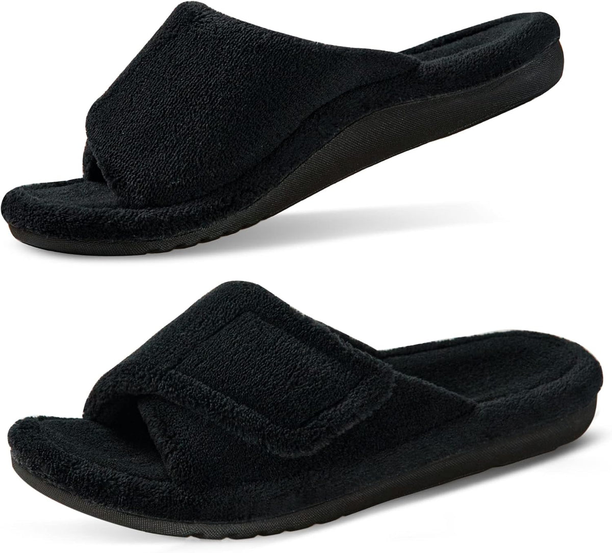 Women's Fuzzy Adjustable Slides - Contoured Arch Support Footbed and Faux Fur Upper for Home Wear - 6