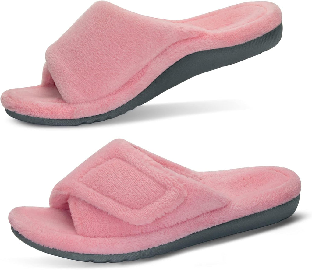 Women's Fuzzy Adjustable Slides - Contoured Arch Support Footbed and Faux Fur Upper for Home Wear - 6