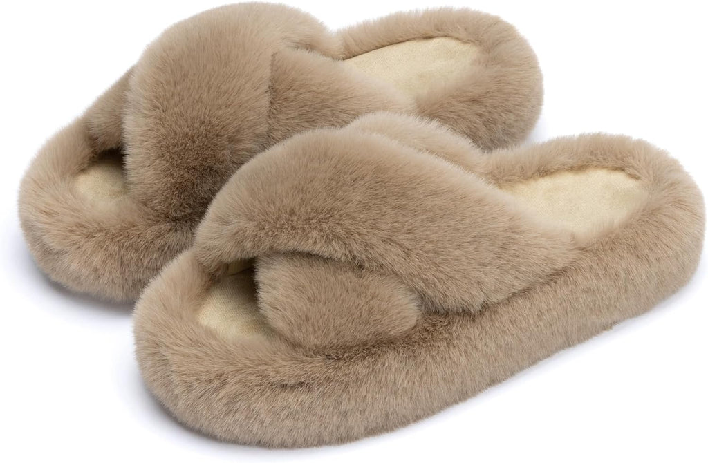 Women's Faux Fur Lined Open Toe Slippers - Memory Foam Footbed and Crossband Upper for Cold Mornings at Home - 10