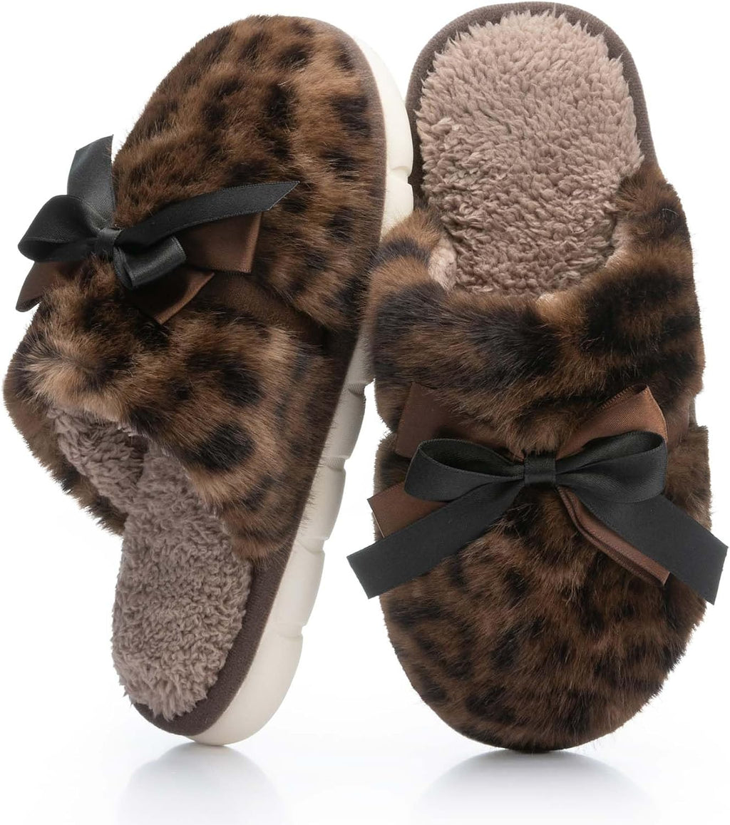 Women's Plush Bow Slippers - Fluffy Faux Fur Lining, Memory Foam and Anti Skid Sole for Indoor Outdoor Wear - 8