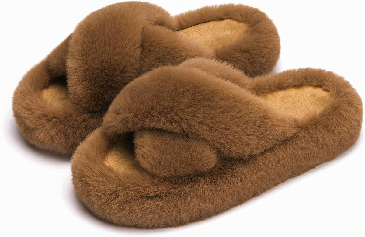 Women's Faux Fur Lined Open Toe Slippers in Dark Brown Cross