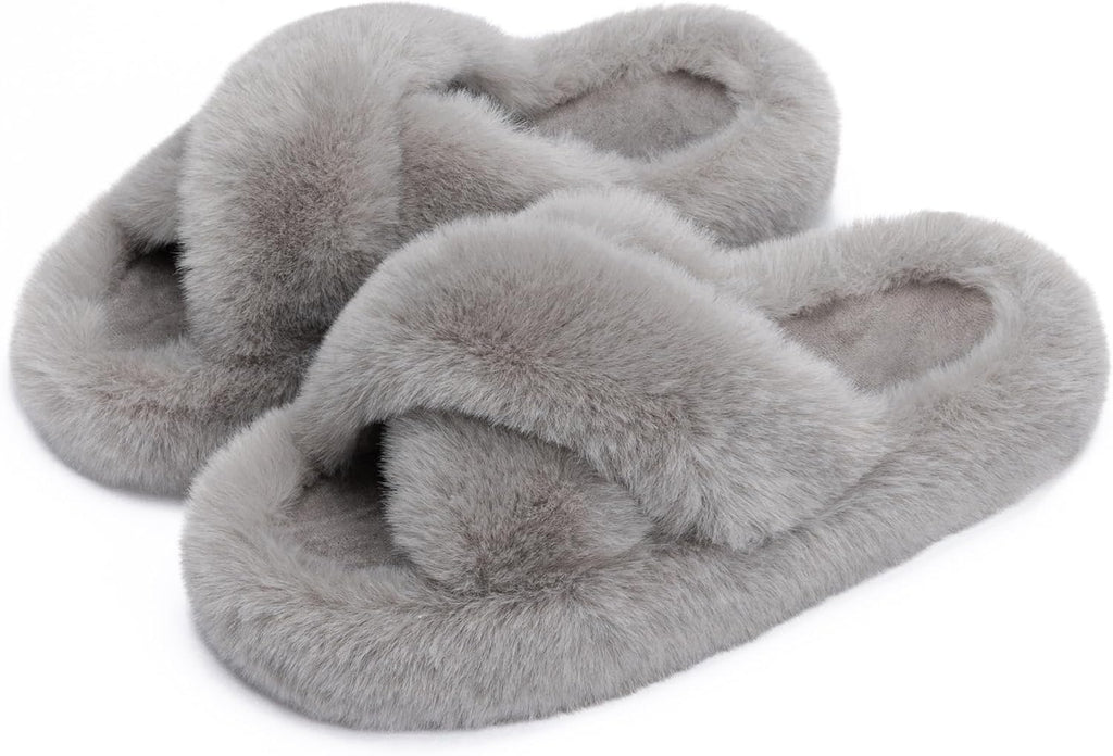 Women's Faux Fur Lined Open Toe Slippers - Memory Foam Footbed and Crossband Upper for Cold Mornings at Home - 8