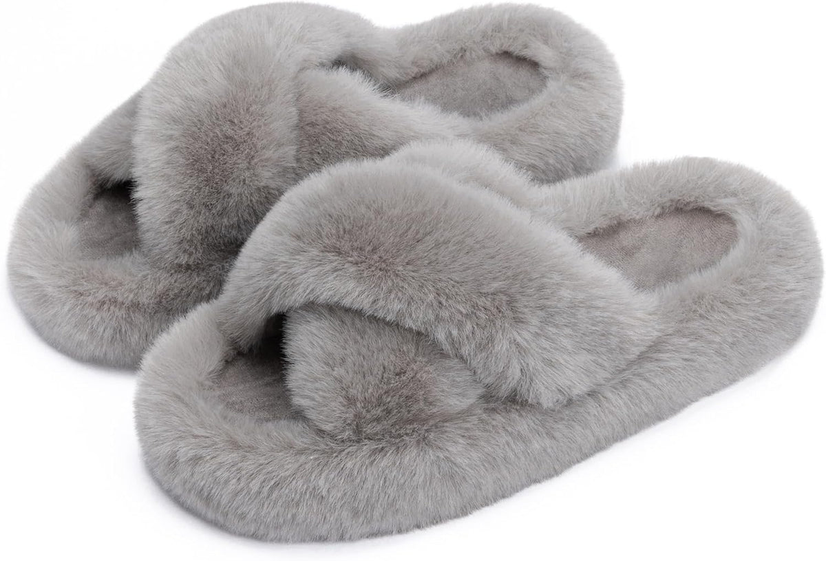Women's Faux Fur Lined Open Toe Slippers - Memory Foam Footbed and Crossband Upper for Cold Mornings at Home - 8