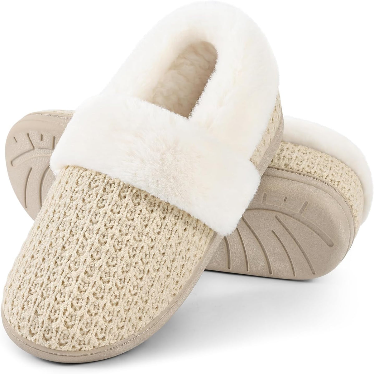Women's Knit Closed Back Slippers - Faux Lamb Wool Lining, Memory Foam and Non Slip Rubber Sole - 7.5