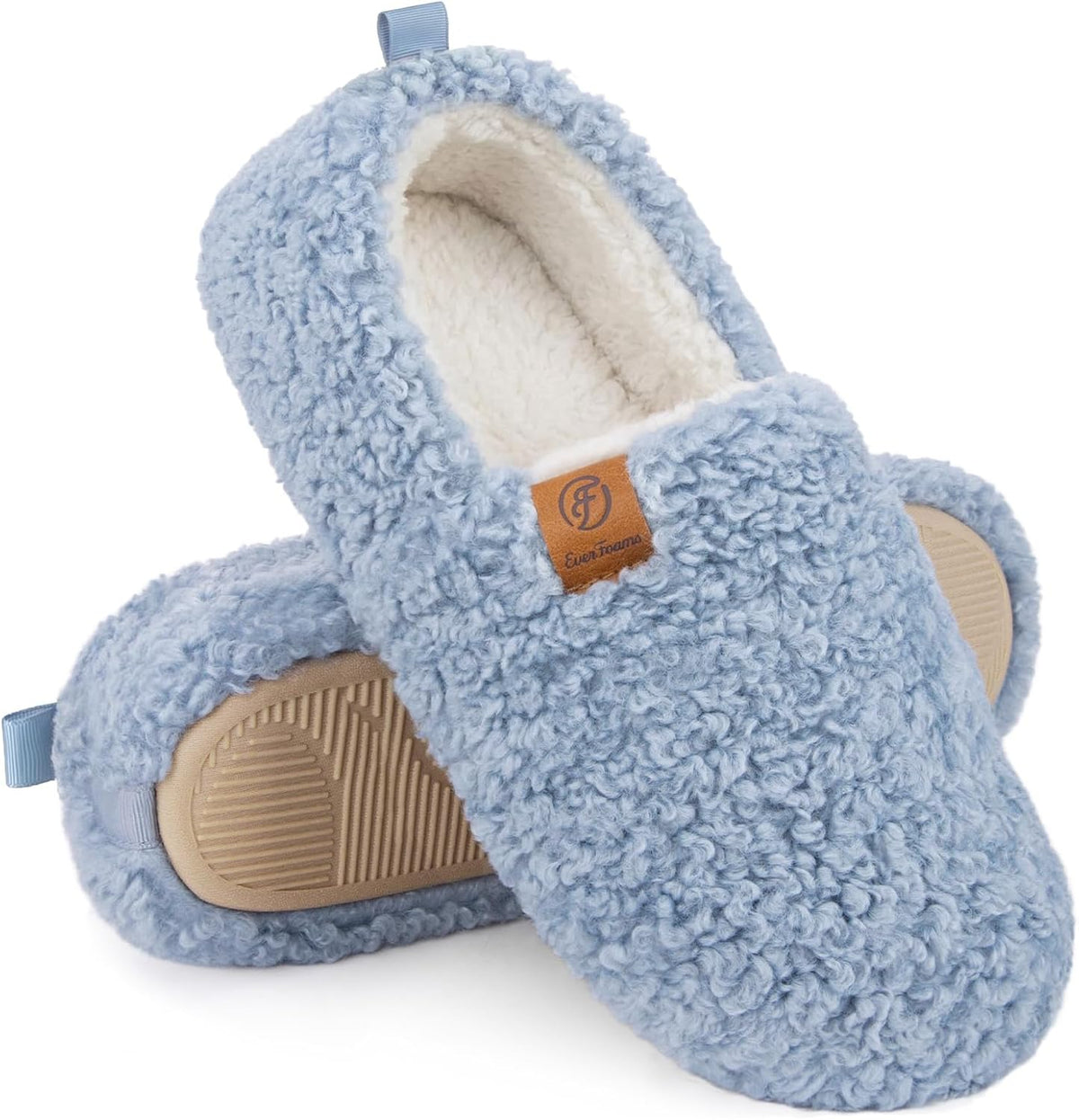 Women's Curly Wool Look Slippers in Light Blue