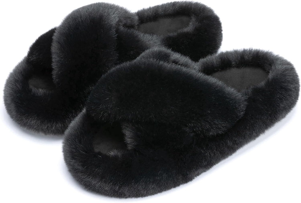 Women's Faux Fur Lined Open Toe Slippers - Memory Foam Footbed and Crossband Upper for Cold Mornings at Home - 10
