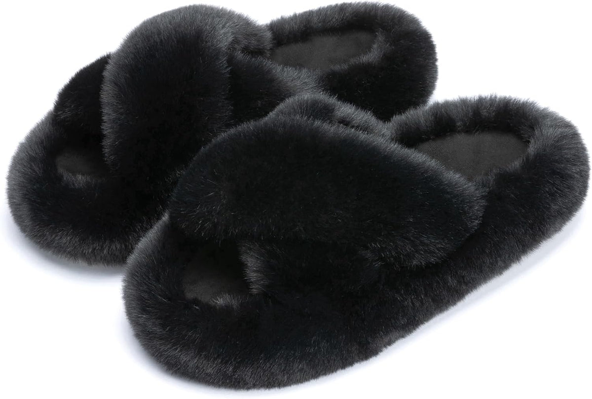 Women's Faux Fur Lined Open Toe Slippers - Memory Foam Footbed and Crossband Upper for Cold Mornings at Home - 10