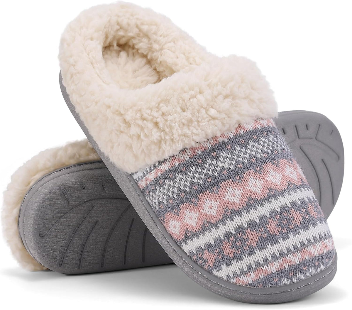 Women's Chenille Knit Slippers - Fleece and Faux Fur Lining, Memory Foam and Anti Slip Indoor Outdoor Sole - 7.5