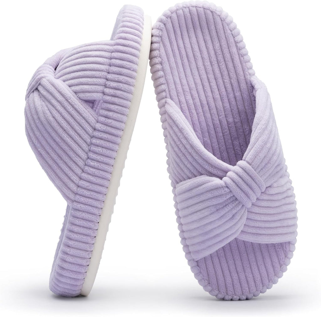 Women's Corduroy Bow Crossband Slippers - Memory Foam Insole, Soft House Shoes for Bedroom and Lounging - 8