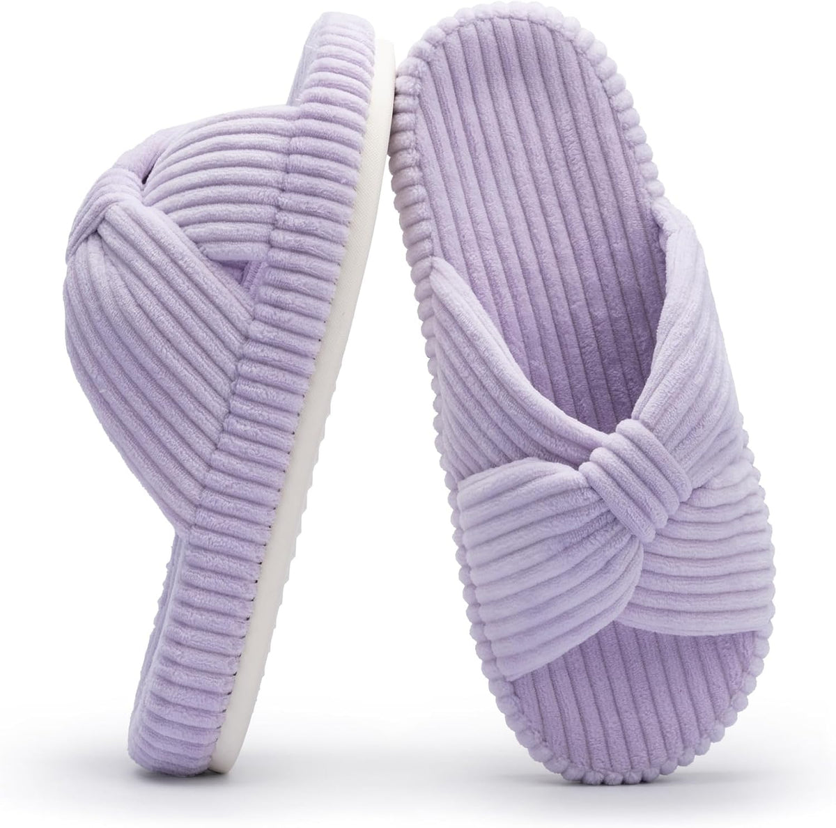 Women's Corduroy Bow Crossband Slippers - Memory Foam Insole, Soft House Shoes for Bedroom and Lounging - 8