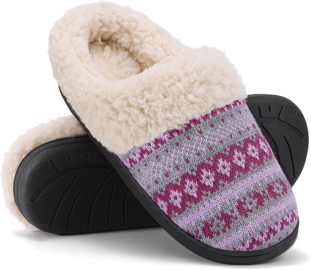 Women's Chenille Knit Slippers - Fleece and Faux Fur Lining, Memory Foam and Anti Slip Indoor Outdoor Sole - 9.5