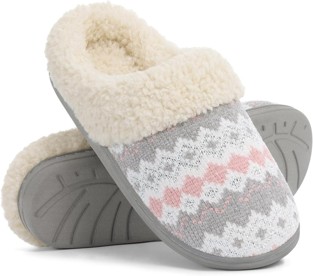 Women's Chenille Knit Slippers - Fleece and Faux Fur Lining, Memory Foam and Anti Slip Indoor Outdoor Sole - 8