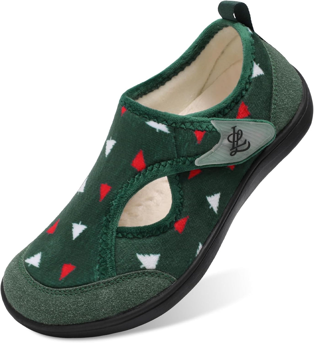 Women's Wide Adjustable House Shoes - Cotton Upper, Hook and Loop Closure and Plush Warm Lining - 6 Wide