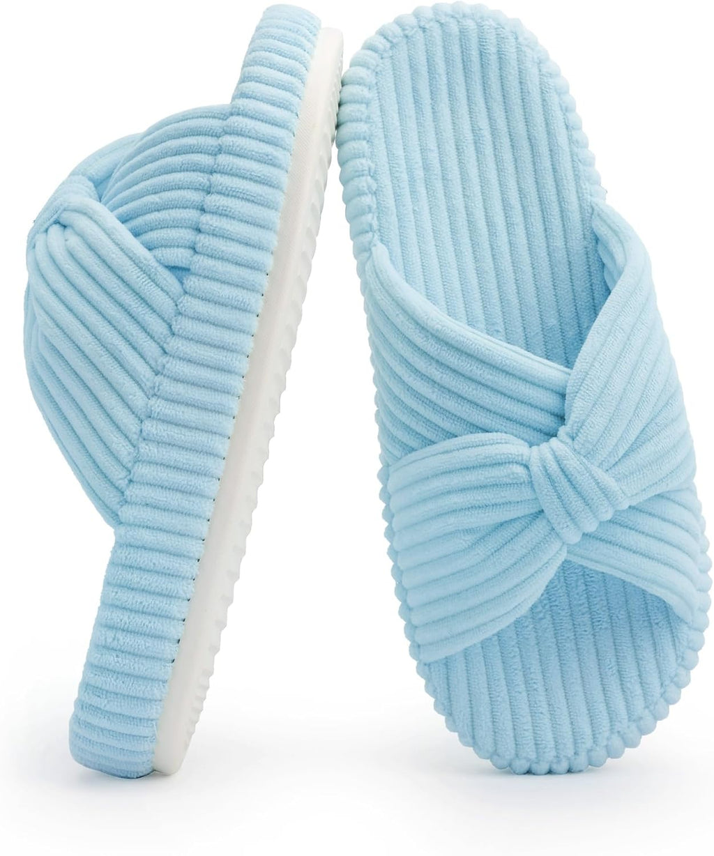 Women's Corduroy Bow Crossband Slippers - Memory Foam Insole, Soft House Shoes for Bedroom and Lounging - 10