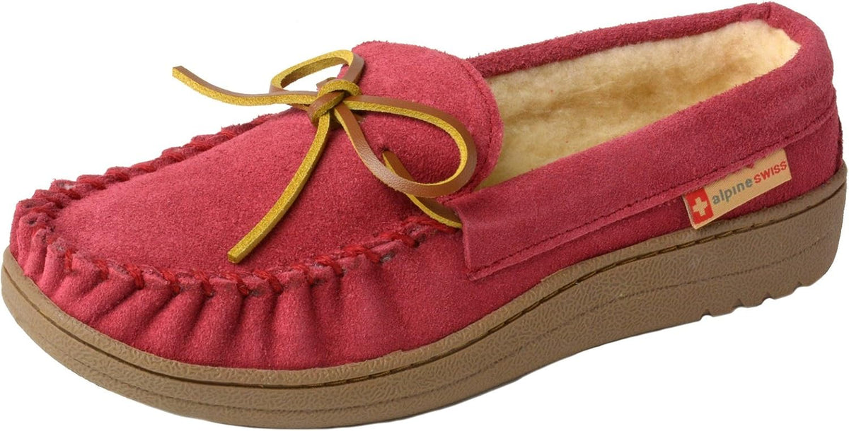 Women's Genuine Suede Moccasin Slippers in Red