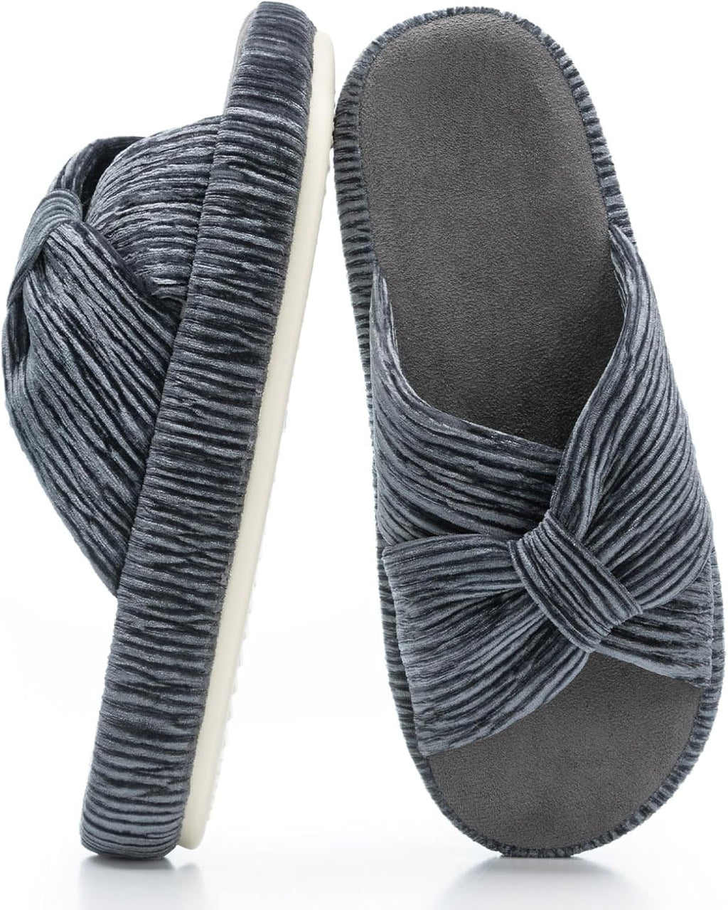 Women's Corduroy Bow Crossband Slippers - Memory Foam Insole, Soft House Shoes for Bedroom and Lounging - 10